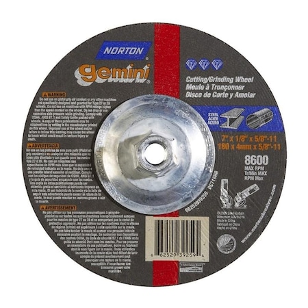 Norton Co Grinding Wheel, Depressed Cntr, Type 27 - Metal - Gemini Alu Oxide, 7 x 1/8 x 5/8-11, Max RPM: 8600 662529-39259